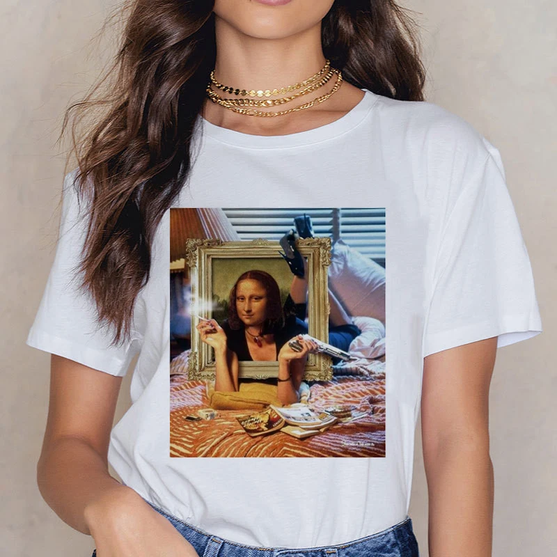 Новая футболка Mona Lisa 90s для женщин, модная Винтажная футболка в стиле ретро, стильная Эстетическая Футболка Harajuku Ullzang, белая женская футболка - Цвет: 3252