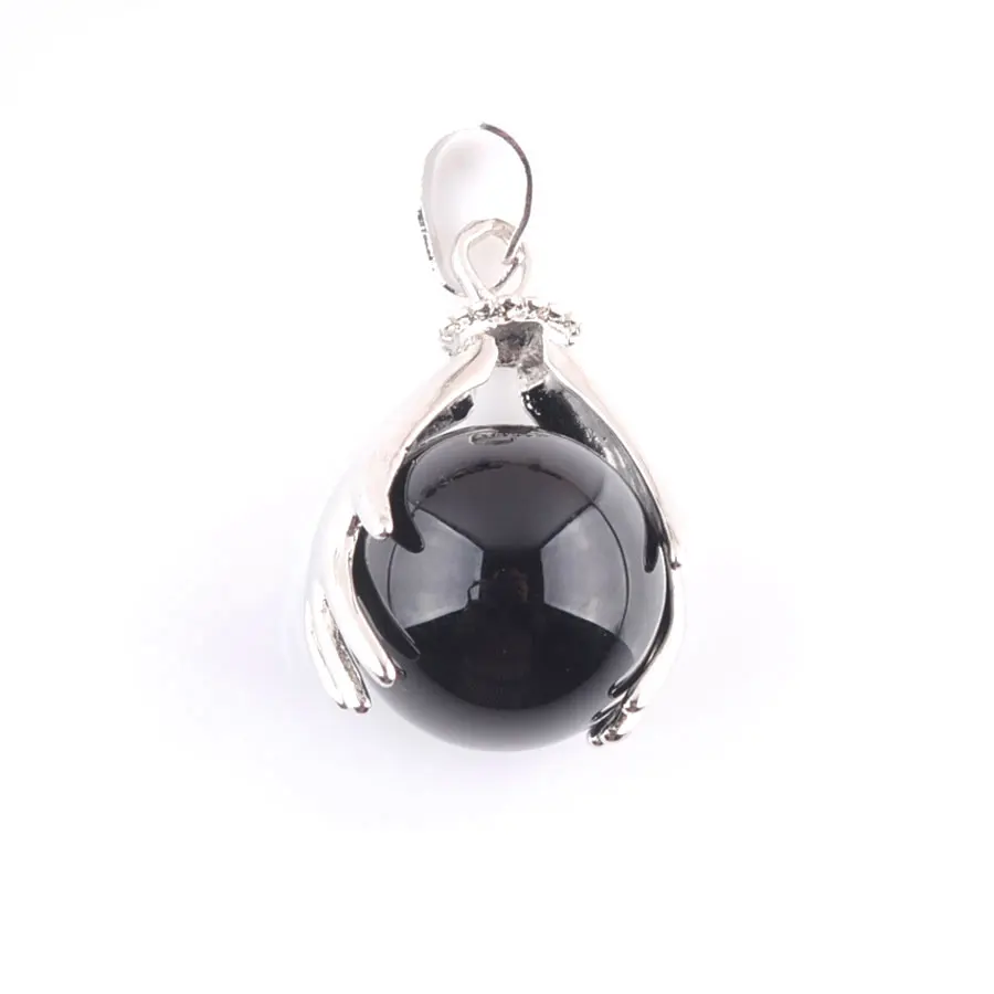 

WOJIAER Natural Crystal Palm Pendant Mineral GemStone Black Agates Round Ball Bead For DIY Men Female Necklace Jewelry N3148