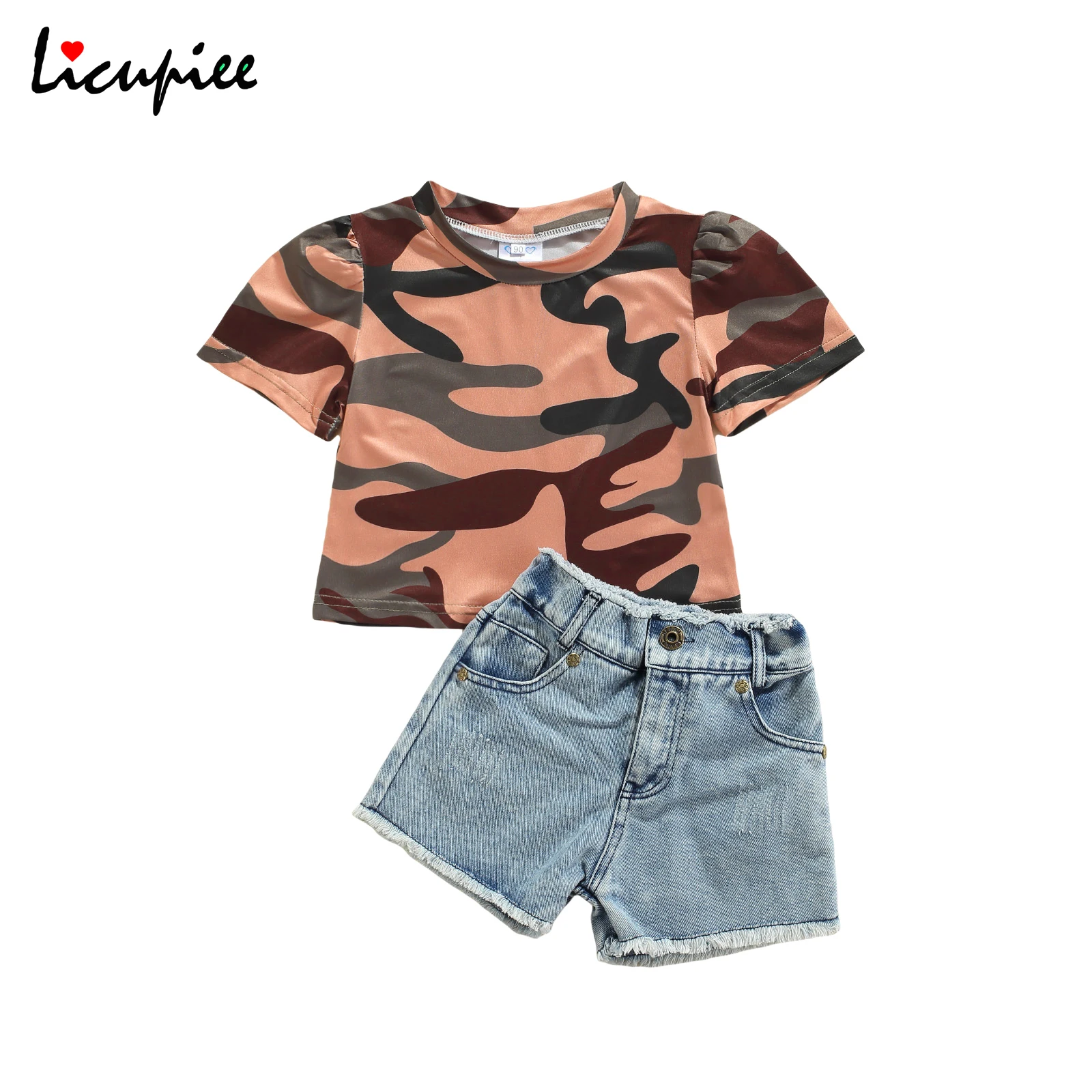 

1-6 Years Floral Clothes Kid Short Sleeve + Shorts, Camouflage Print High Waist Casual Style Loose Version Summer Clothing