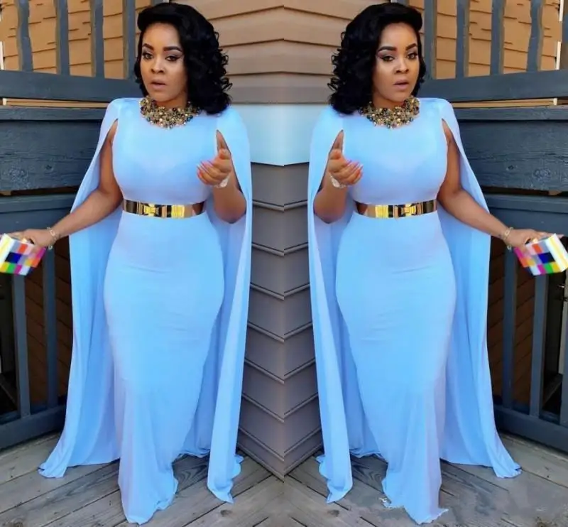 

Light Blue Plus Cape Evening Dress 2019 robe de soiree Sheath Floor Length Evening dresses South African Women Formal dress