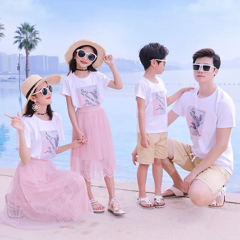 Одинаковые комплекты для семьи Летнее мама дочка платье-футболка Футболка сына