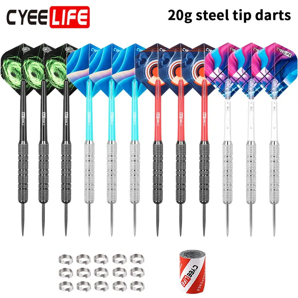 

CyeeLife Steel Tip Darts Set 20 Grams with PVC Dart shafts(4 Colors),Black&Sliver Barrels,Home Darts Set