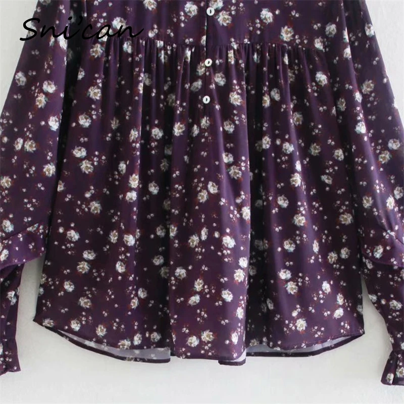 

Snican Purple Floral Print Flare Sleeve Shirts Pleated Office Ladies Blouse Za Women Tops Chemisier Femme Spring Blusas