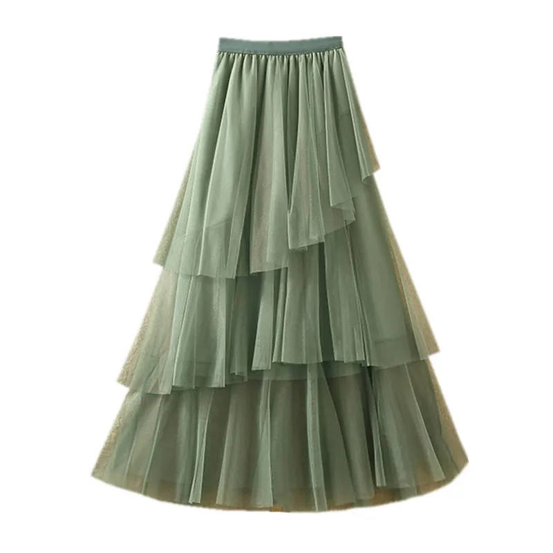 

winter 2019 Korean version high waisted slim A-shaped puffy irregular skirt mesh skirt medium length yarn skirt female