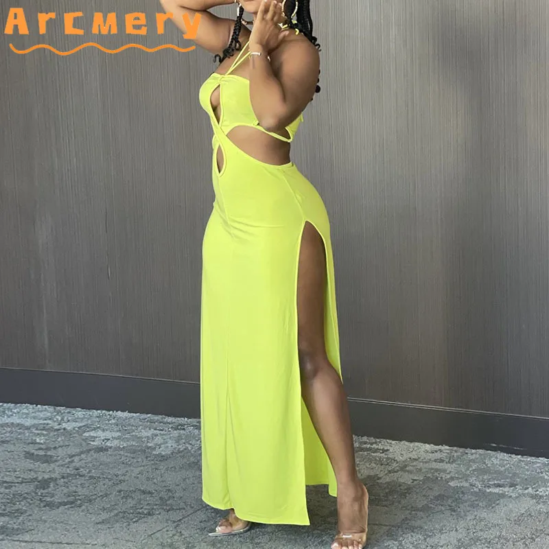 

Women Backless Halter Hollow Out Maxi Slit Dress