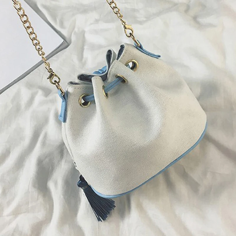 

Spring Summer Fashion Canvas Bucket Bag Ethnic Style Tassels Drawstring Handbag Portable Shoulder Bags For Women Crossbody Bags