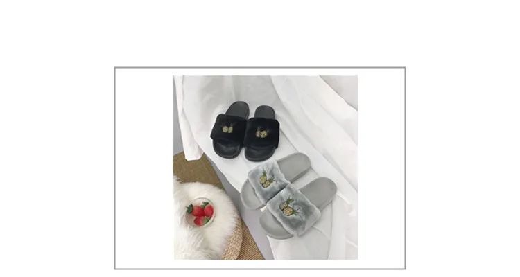 Меховые тапочки с рисунком ананаса в Корейском стиле; женские модные милые Нескользящие тапочки для отдыха; простая домашняя обувь для сна