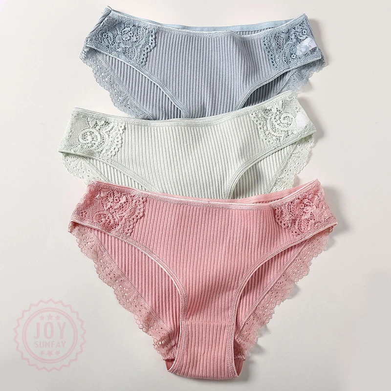 

FINETOO Women â€™s Cotton Underwear Intimate Female Panties Classic Striped Underpants Fashion Cozy Ladies Lace Lingerie 3pcs 3239