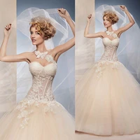 fashionable champagne tulle wedding dresses ball gown lace applique sexy one shoulder bridal gown wedding dress 2015 sweetheart