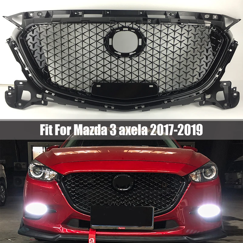Für Mazda 3 Axela 2017 2018 2019 glanz schwarz honeycomb grille ABS Vor Mitte Grille Front Stoßstange Grill Oberen Kühlergrill
