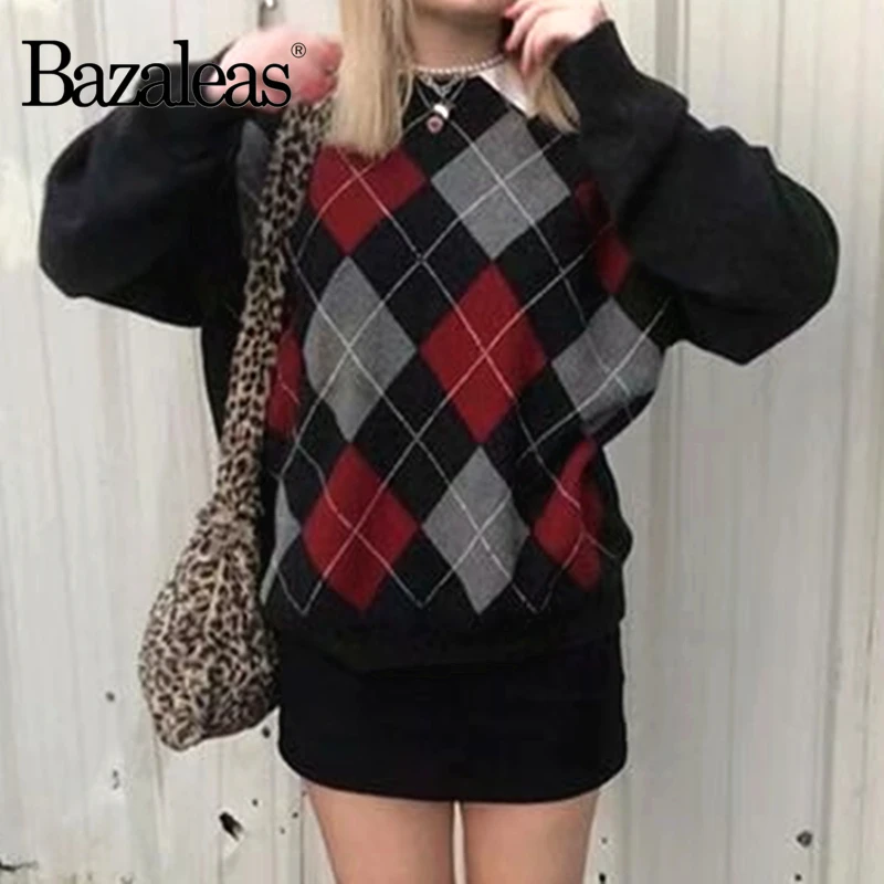 

Bazaleas Streetwear O Neck knitted Pullover Fashion Loose sweater women Vintage Tartan Red Black Women pull femme