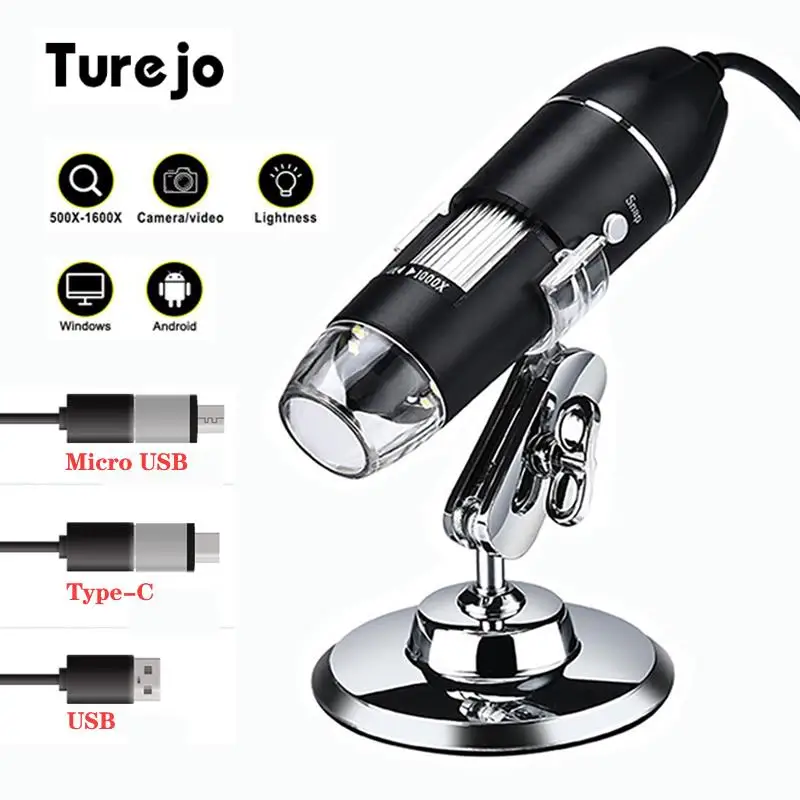 Adjustable 1600X 3 in 1 USB Digital Microscope Type-C Electronic Microscope Camera For Solding 8 LED Zoom Magnifier Endoscope