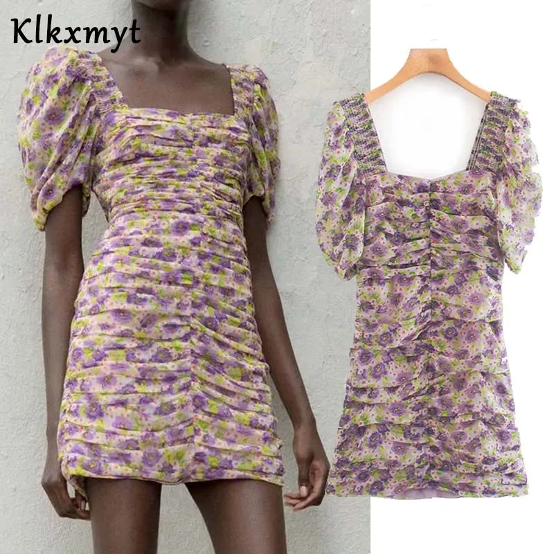 Женское винтажное мини платье za летнее с квадратным вырезом и принтом в складку