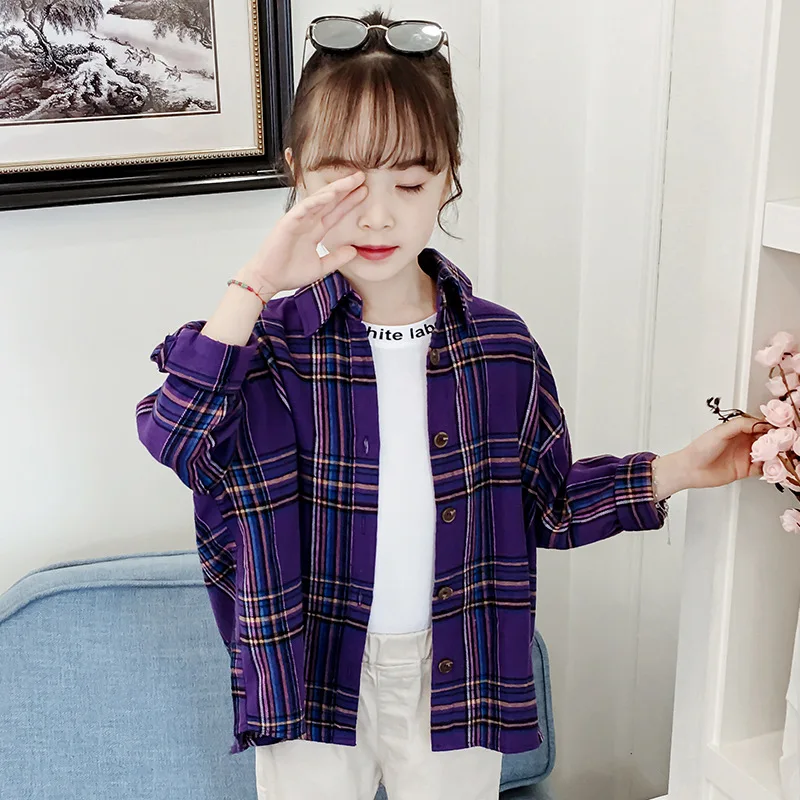 Детские рубашки в клетку желтого и фиолетового цвета Топы для маленьких девочек