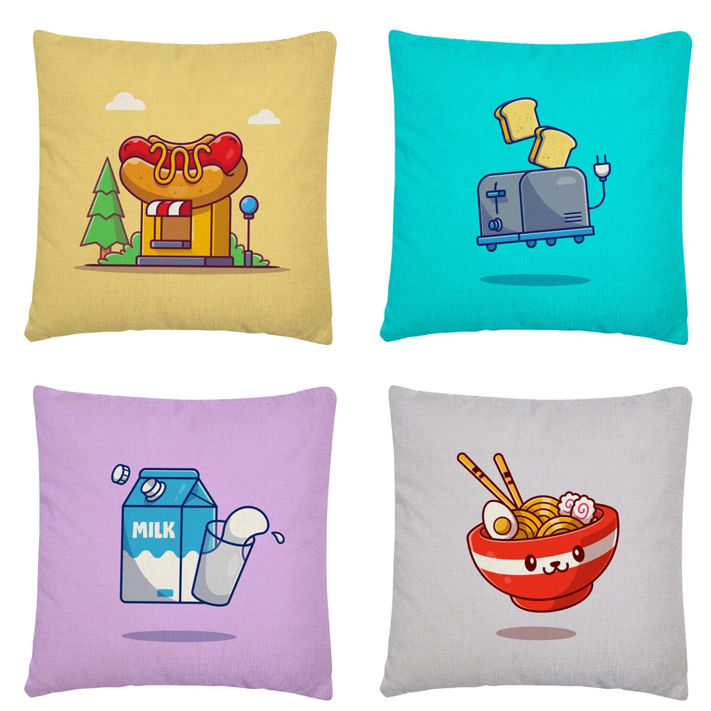 

Cute Food And Drink Cartoon Pattern Linen Cushion Cover Pillowcase Home Sofa Car Decoration Pillowcase45X45 Cm