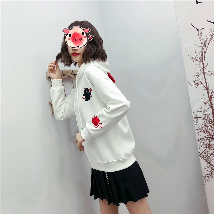 Merry Pretty, женские хлопковые Толстовки, Толстовки с ушками, Harajuku, черный дьявол, вышивка, толстовка с капюшоном, пуловеры, худи для девочек