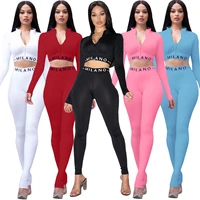 women casual suit solid color letter print long sleeve zipper sexy crop tops and pencil trousers autumn fashion 2 piece set