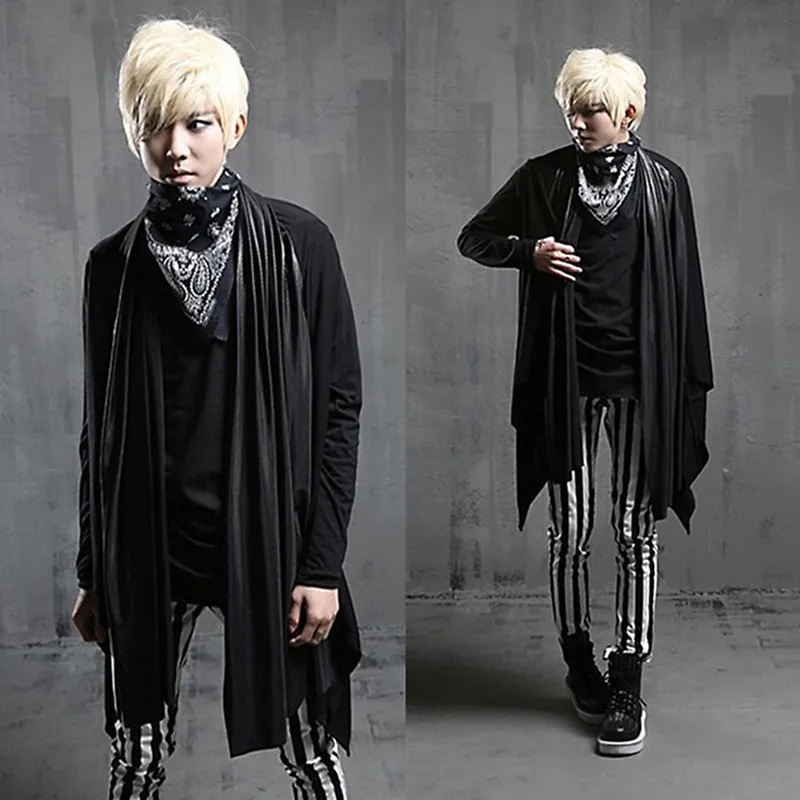 

Men nightclub fashion personality long sleeve t shirt cardigan men singer punk tee shirts hairstylist hip hop cloak coatume