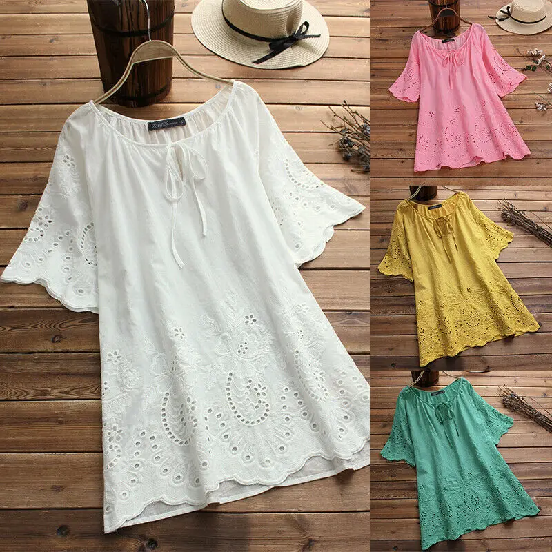 

Women Short Sleeve Keyhole Long Shirt Tops Flared Sleeve Crochet Blouse Plus