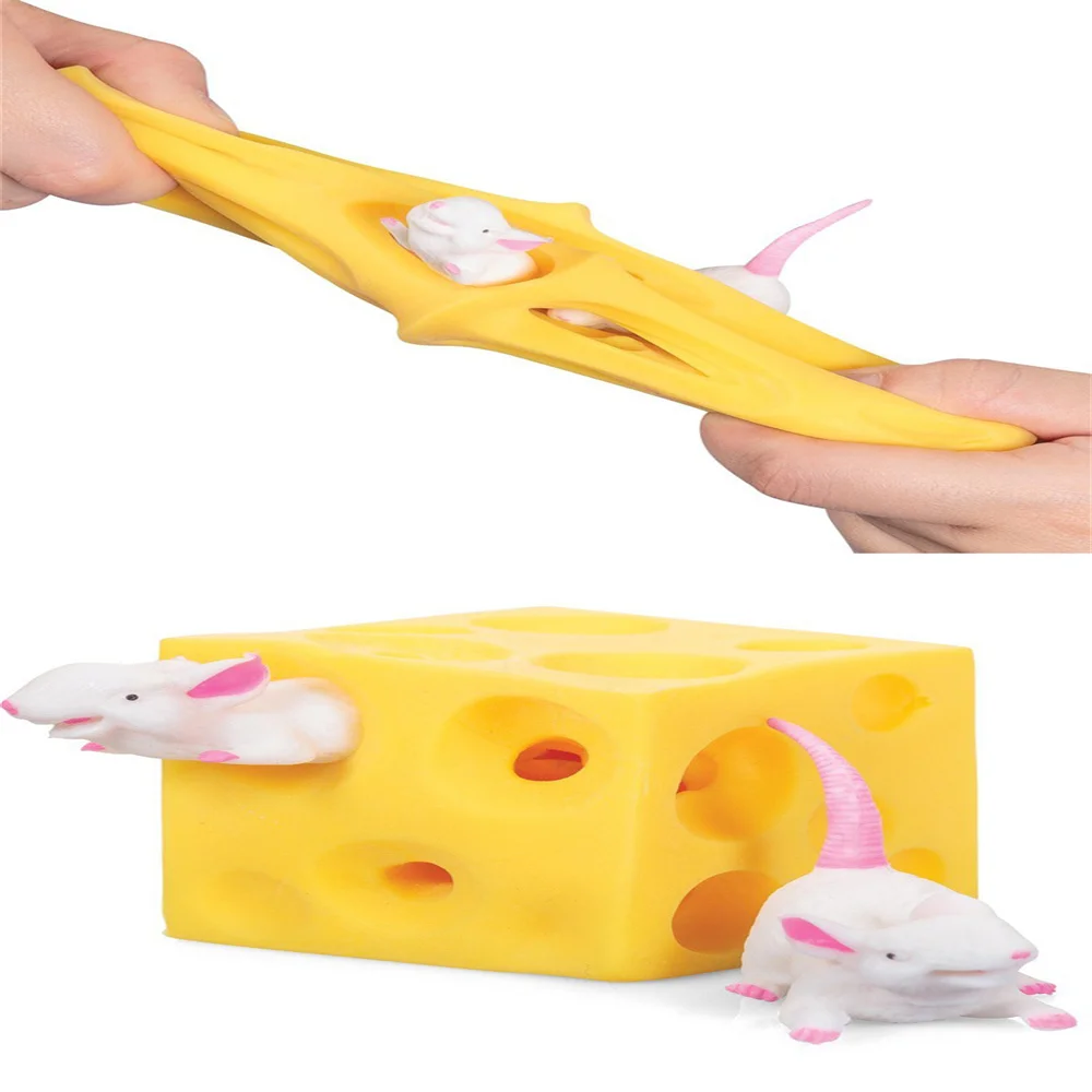 

Squeeze Stretchy Mice Cheese Fidget Toys Rubber Simulated Cheese with 2 Mini Mice Stress Anxiety Sensory Toy Gift Party Favor