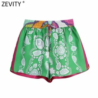 zevity 2021 women vintage floral print patchwork summer hot skirts shorts femme chic elastic waist ribbon pantalone cortos p1122