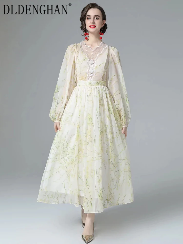 

DLDENGHAN модное дизайнерское весеннее шифоновое платье макси для женщин с V-образным вырезом вышивкой рукавами-фонариками цветочным принтом б...