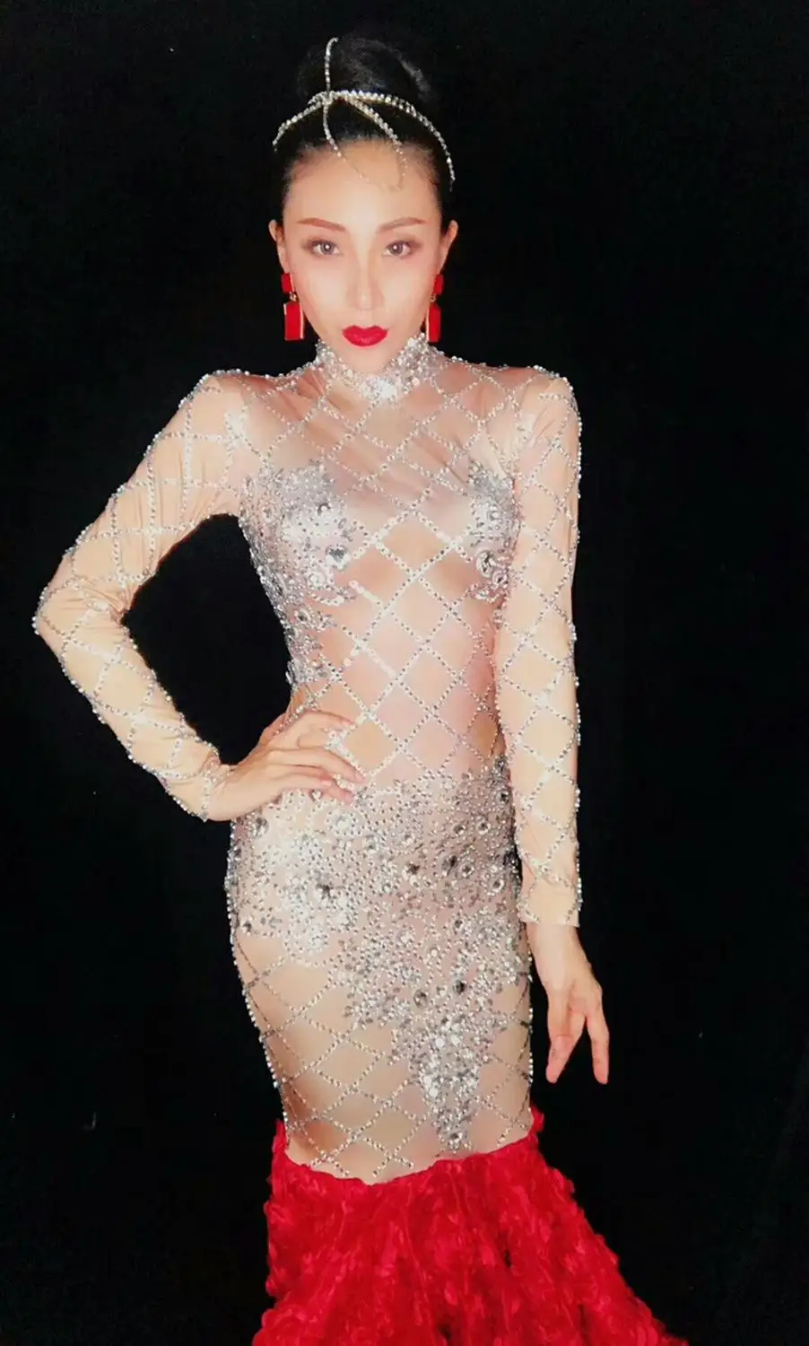 

Sparkly Crystals Sweater Long Dress Women Birthday Costume Prom Celebrate Red Rose Tail Dresses Evening Party Rhinestone Outfit