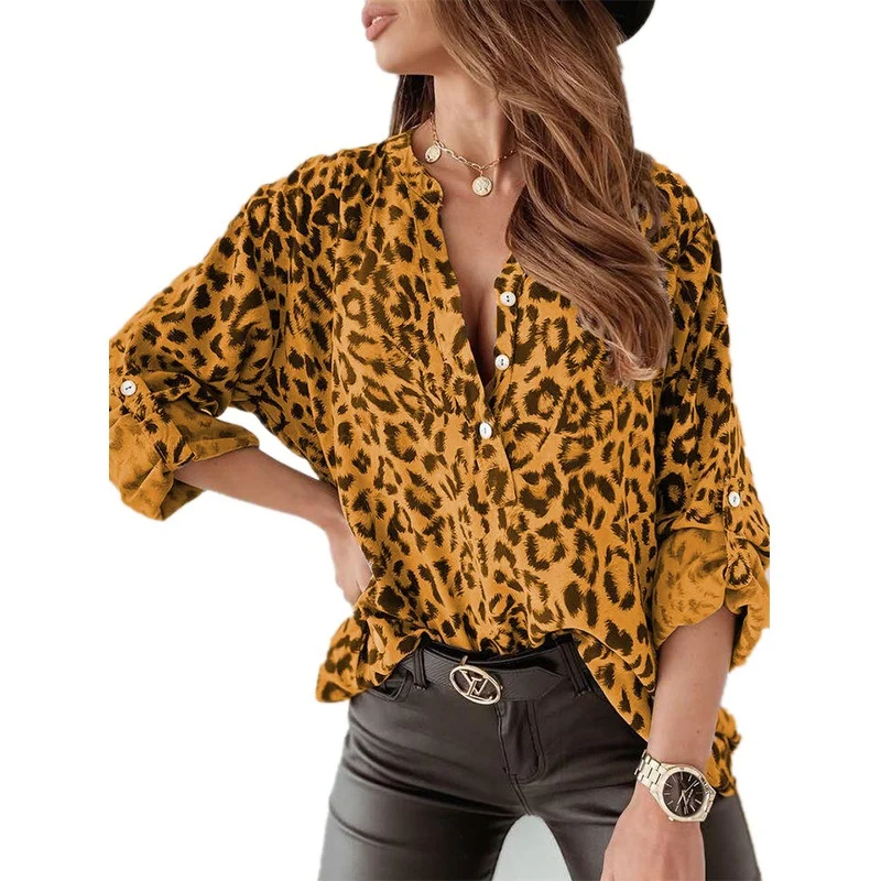 

Plus Size Fashion Women's Leopard Print Loose Long Sleeve T-Shirts