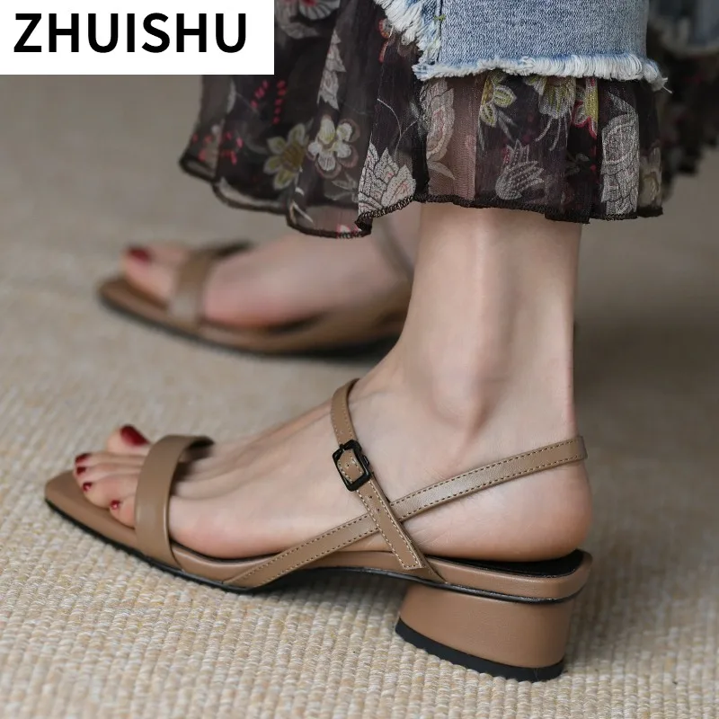 

2021 New Women Sandals Leather Round Toe Shoes for Summer Women Fashion Casual Shoes Buckle Office Ladies Footwear Size 35-40