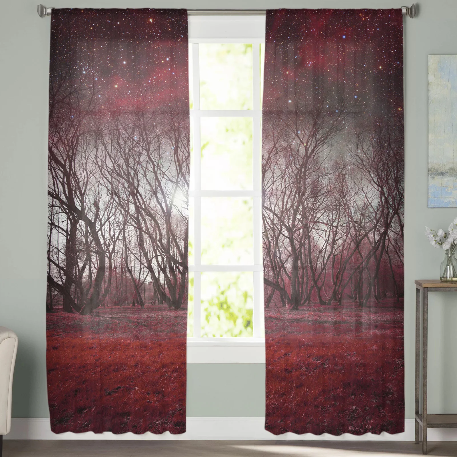 Тюлевые занавески с изображением красных деревьев звездного неба леса для