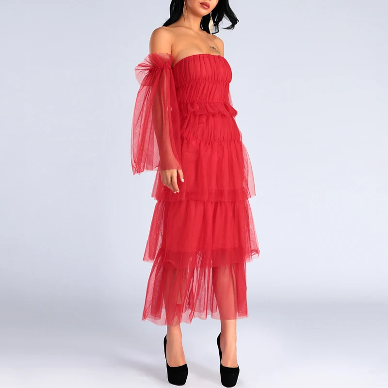 INDRESSME 2019 New Sexy Off The Shoulder Slash Lace Long Sleeves Ball Gown Red Tiered Mesh Dress Women Party Ankle Length | Женская