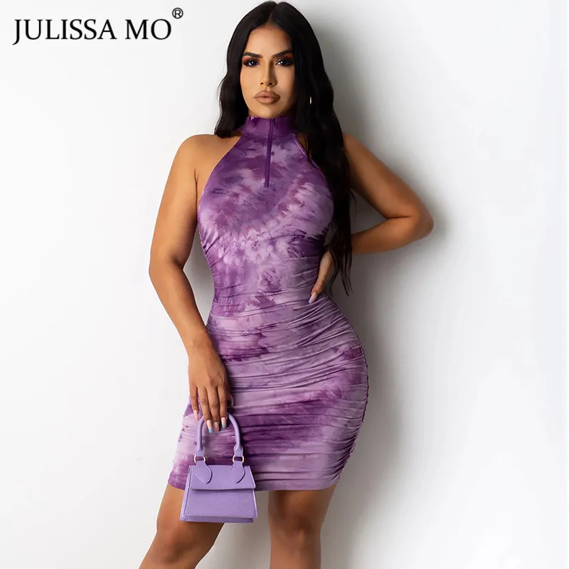 Женское платье с рюшами JULISSA MO на молнии без рукавов и принтом летнее облегающее