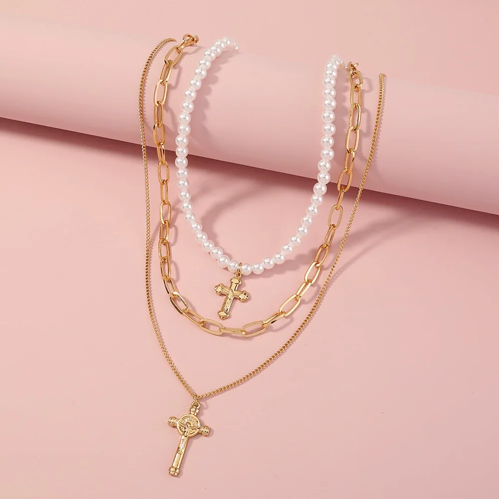 

Simple Retro Style Pearl Necklace For Women Temperament Light Luxury Cold Wind Cross Diy Multi-layer Necklace Vintage Jewelry