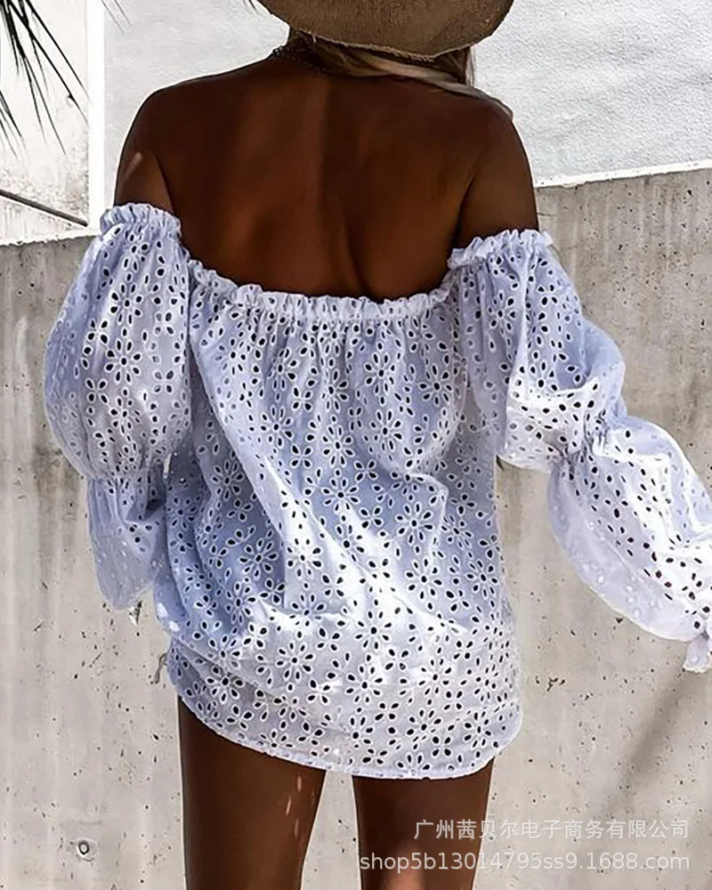 

Shirts Women Summer Fashion Simply Tees Casual Loose White Hollow Out Female Slash Neck Strapless Mujer De Moda Solid Blusas