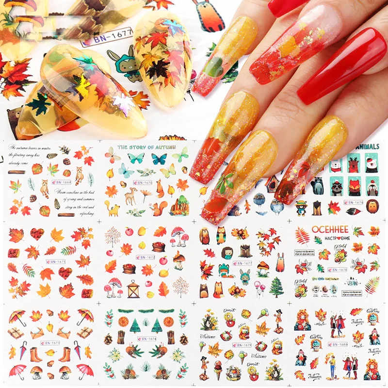 

12 Designs 3D Plant Pattern Nail Sticker Maple Leaves Colorful Flower and Leaf Pattern Nail Decal Stickers DIY Nail Decoration