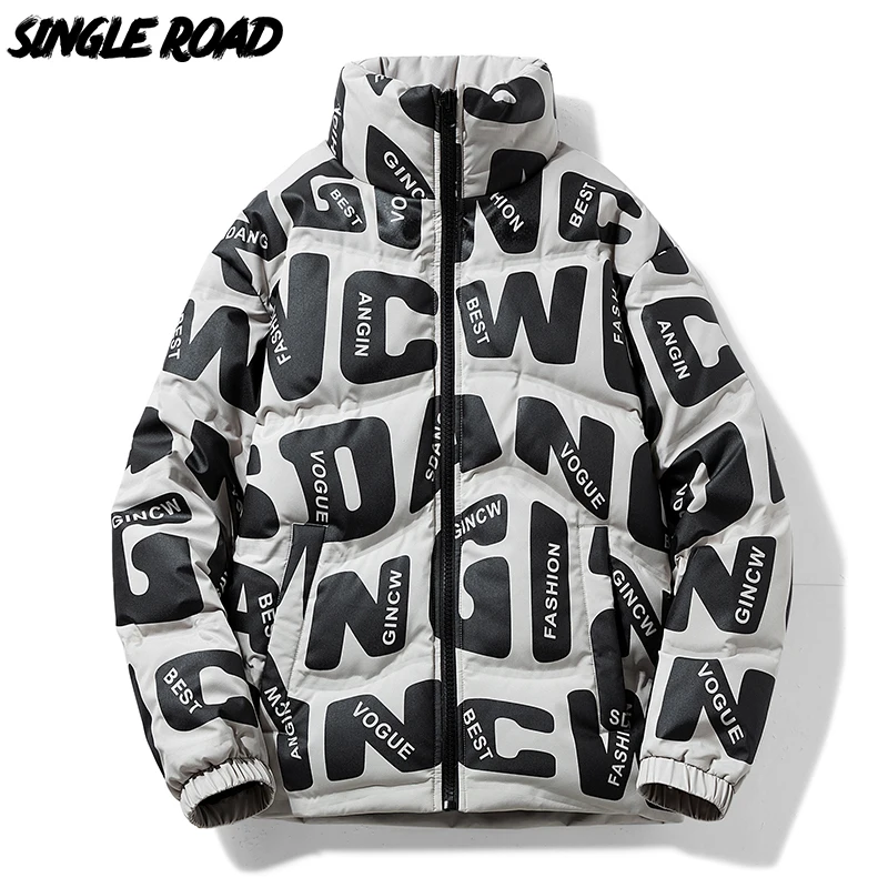 

Single Road Mens Down Jacket Men 2021 Winter Fleece Graphic Fashion Harajuku Parkas Windproof Cotton Padded Coat Jackets For Men