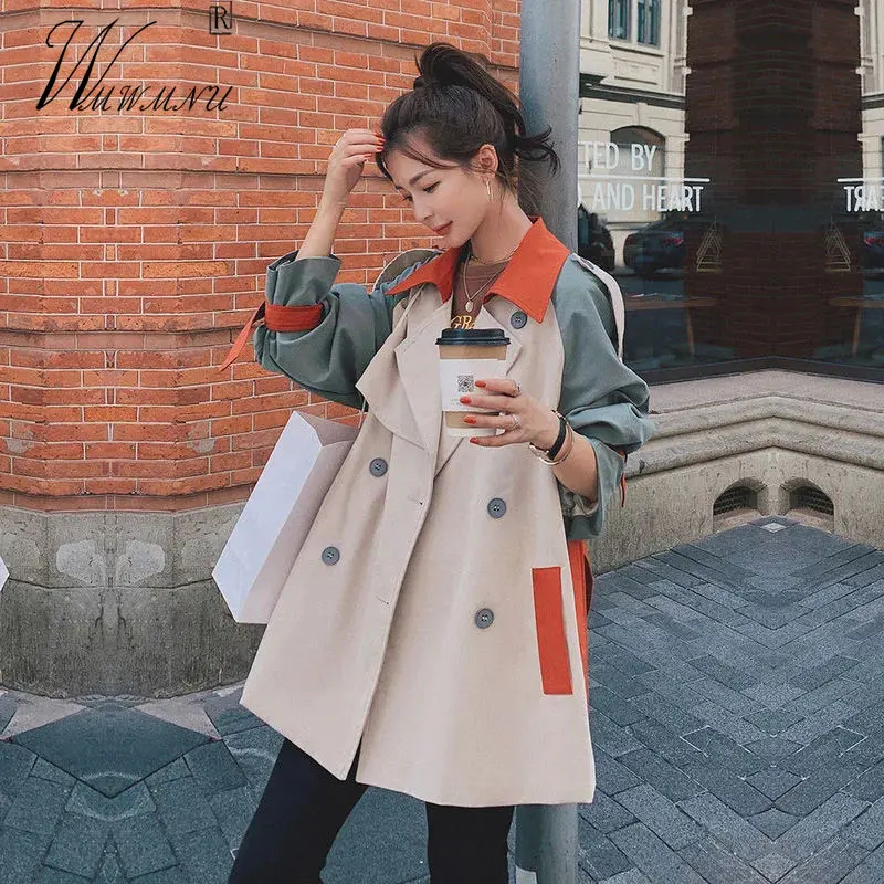 

Korean Fashion Short Splicing Windbreaker Female 2021 Spring Autumn Sweet Belt Trench Jackets Women Chic Double Breasted Coats