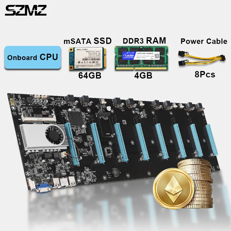 Preise SZMZ Riserless Bergbau Motherboard Pcie 8 Gpu Mit CPU Und SSD 64GB DDR3 + 4GB RAM 65MM Karte Abstand Kit Bitcoin Bergbau ETH Set