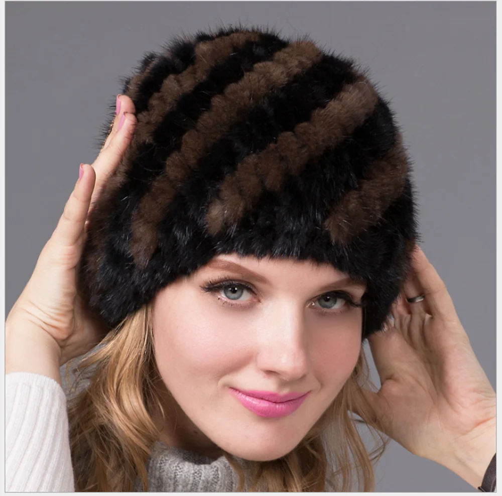New Arrival Knit Hat Ladies Real Natural Mink Fur Cap Wholesale Womens Caps Lovely Warm Winter Beanies Hats Ushanka