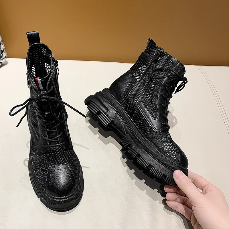 

Women Lace Up Gothic Combat Ankle Boots Woman Shoes Army Black Knitted Breathable Socks and Boots for Summer