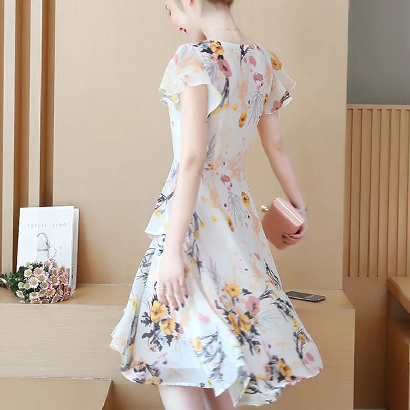 Женское шифоновое платье с принтом элегантное тонкое большого размера коротким