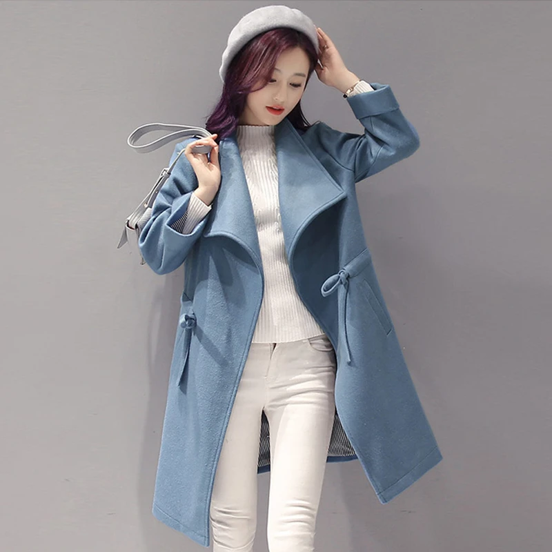 

2020 Korean version of autumn and winter mid-length long-sleeved lapel solid color loose and comfortable women's woolen coat