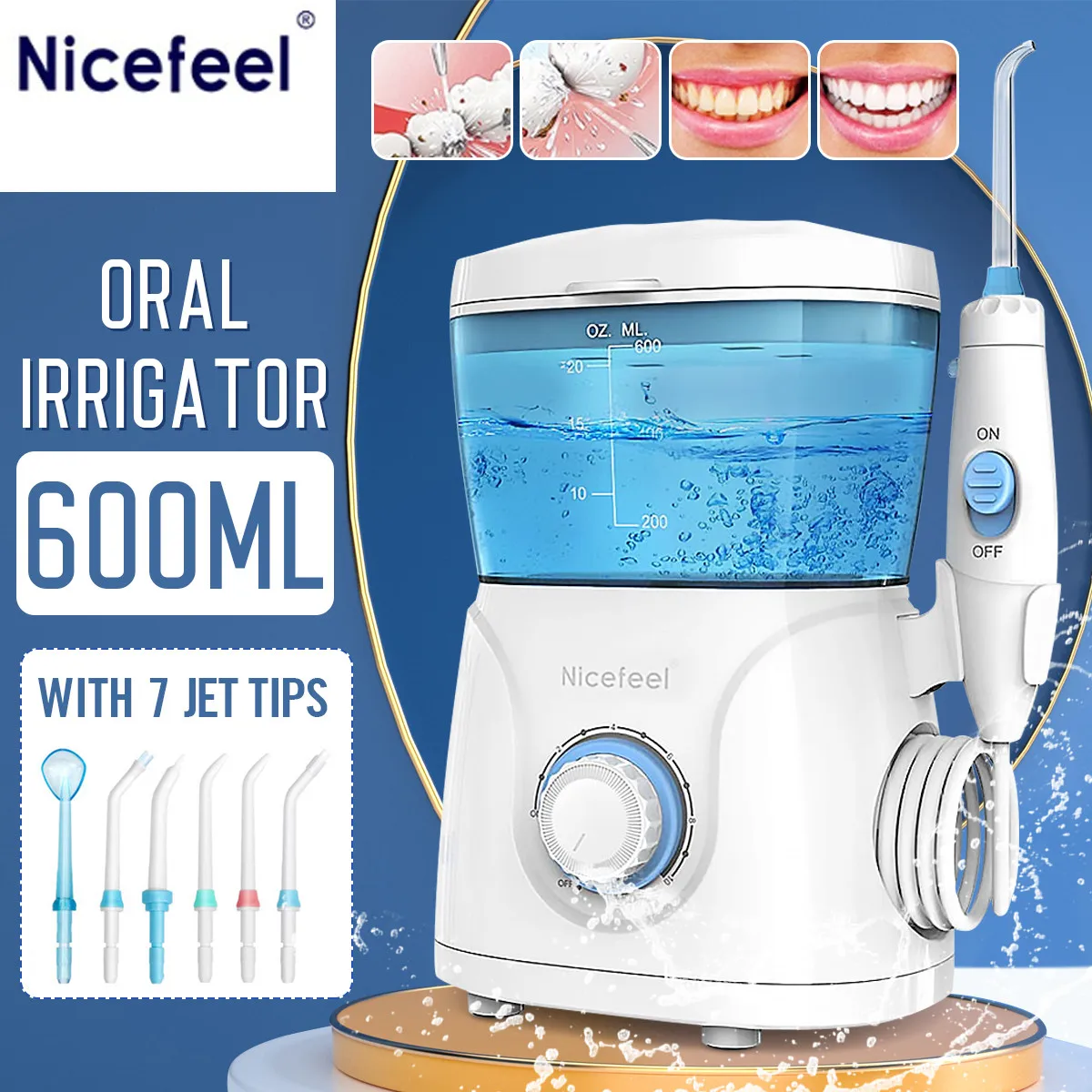 

Nicefeel 600ML Oral Irrigator Dental Water Irrigator Flosser Water Jet with 7pcs Tips Teeth Cleaner Dental Family Oral Care SPA
