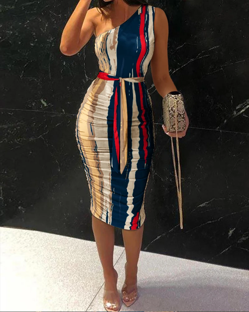 

2021 Elegant Workwear Outfits One Shoulder Ruched Tie Front Muticolor Striped Sexy Midi Bodycon Dress Women's Club Party Dresses