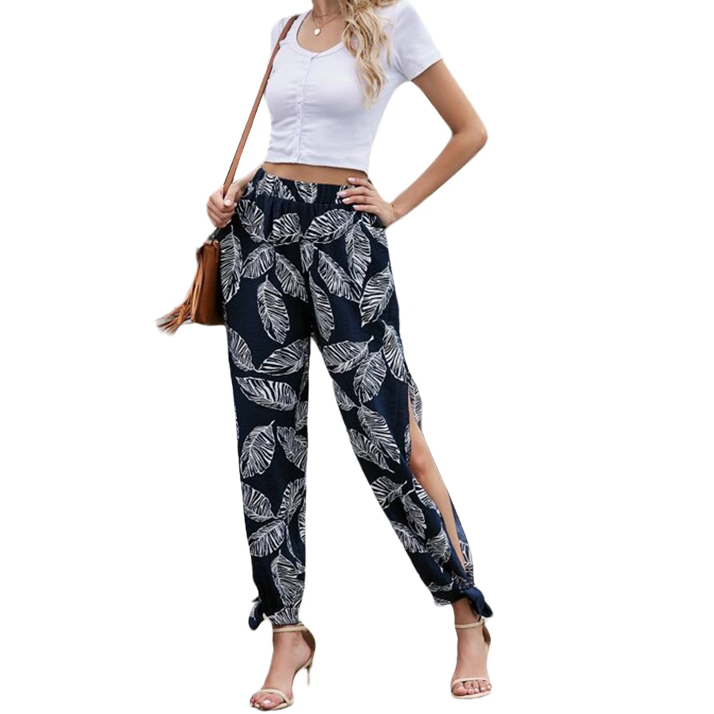 

Trendy Women Summer Fashion Leaves Printed Casual Boho Pants Split Loose Lantern Pants