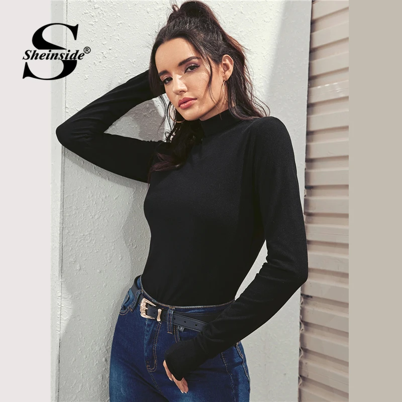 Sheinside, черная, элегантная, Минималистичная женская футболка, осень, высокая горловина, отделка, топ, офисный, женский, однотонный, базовый, тянущийся Топ