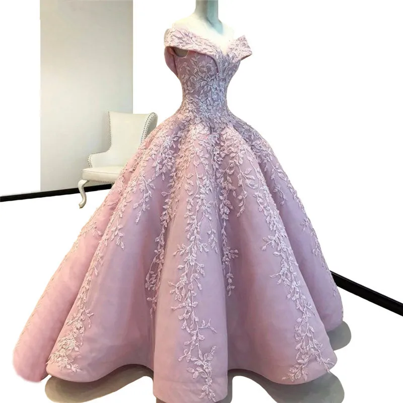 

Pink Evening Dresses Ball Gown Off The Shoulder Appliques Beaded Dubai Saudi Arabia Long Prom Dress Gown Robe De Soiree