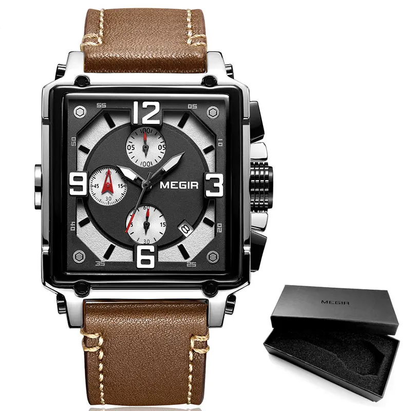 ML2061G-Brown MEGIR мужские спортивные наручные часы с хронографом для мужчин, армейские часы с кожаным квадратным кварцем, мужские часы Relogios Masculino, 2061 черный цвет - Цвет: ML2061G-Brown