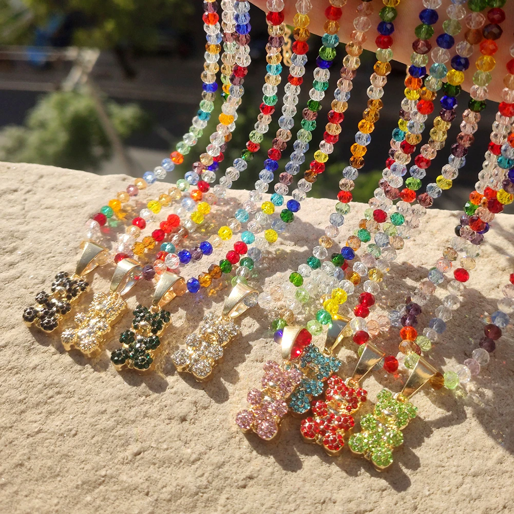 

Boho Colorful Crystal Beaded Cute Cartoon Bear Pendant Necklaces For Women Girl Necklace Bling Rhinestone Charm Necklace Jewelry