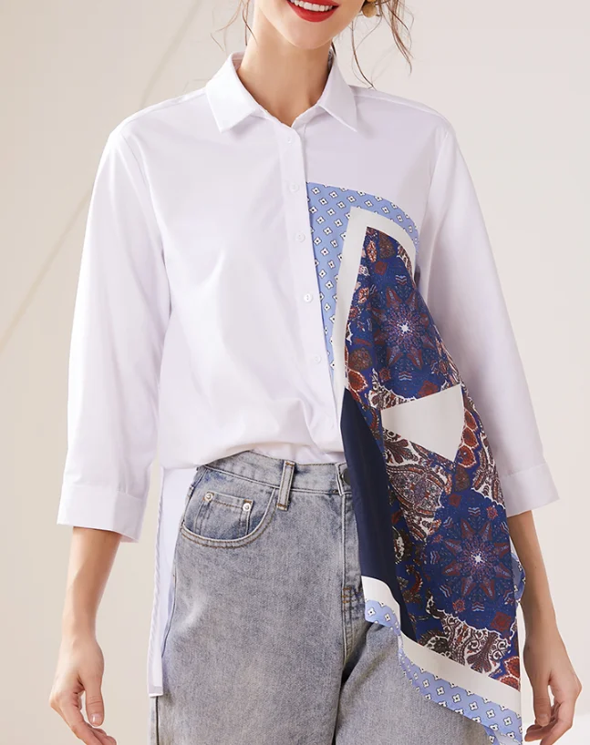 

Korean-Style Blouse Women Temperament Hit Color Stitching Retro Print Ethnic-Style Loose Casual Shirt Blouses Blouse Women Blusa